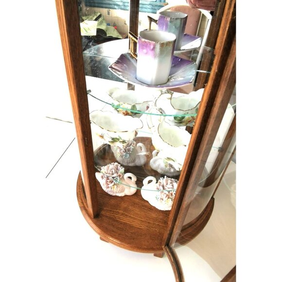 Vintage Wood Curio Cabinet Glass Door Half Round Includes 5 Vintage Figurines - Picture 8 of 9